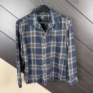 Roots Kids Boys XXL 13-14 Plaid Flannel Shirt Navy Orange Blue Button Up Rustic